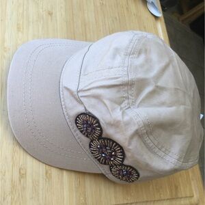 Stylish Tan Cadet style Cap with Beaded Accents